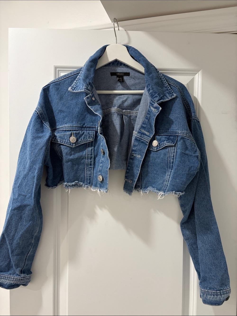 Forever 21 Cropped Blue Denim Jacket with Raw Hem